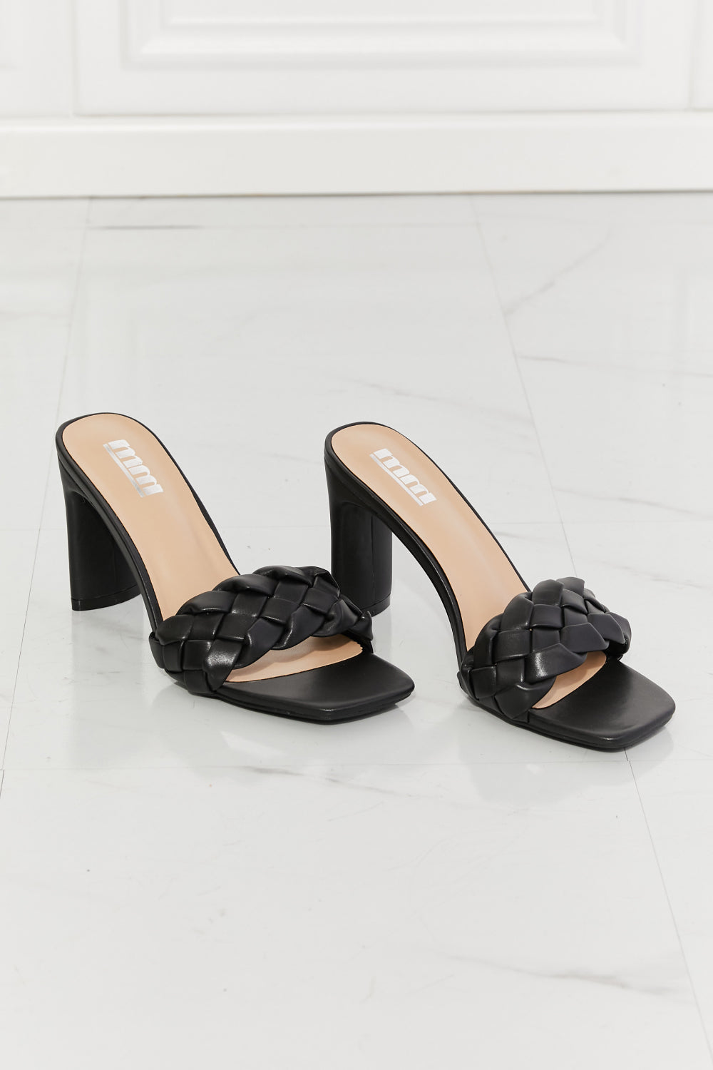 MMShoes Top of the World Braided Block Heel Sandals in Black featuring a stylish braided toe-band and a comfortable block heel.